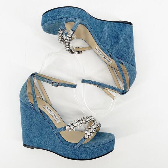 Jimmy Choo Blue Denim Bing 120 Crystal Embellished Wedge Sandal size IT 39 - Picture 4 of 15